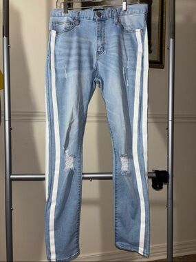 Light Blue Skinny Jeans with White Side Stripes - Men